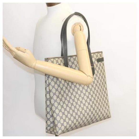 Authentic GUCCI Vintage GG Canvas Tote Bag PVC Leather Navy Blue/Grey - Picture 3 of 14